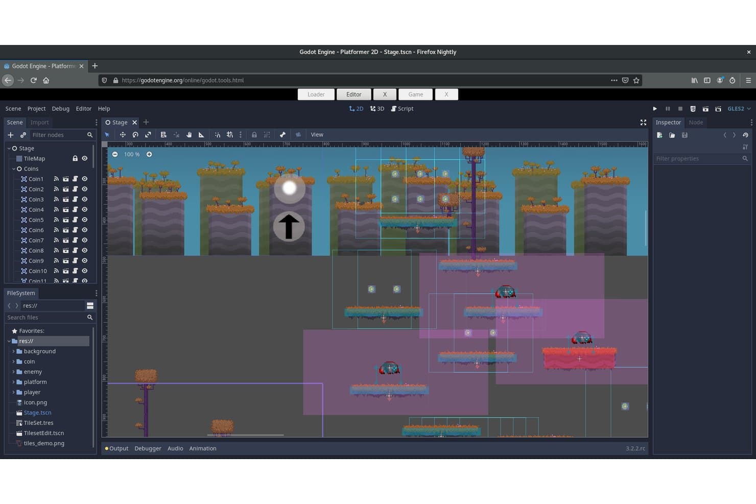 Editor 2D de Godot Engine que muestra una fase de plataformas con monedas, enemigos y mapas de teselas.