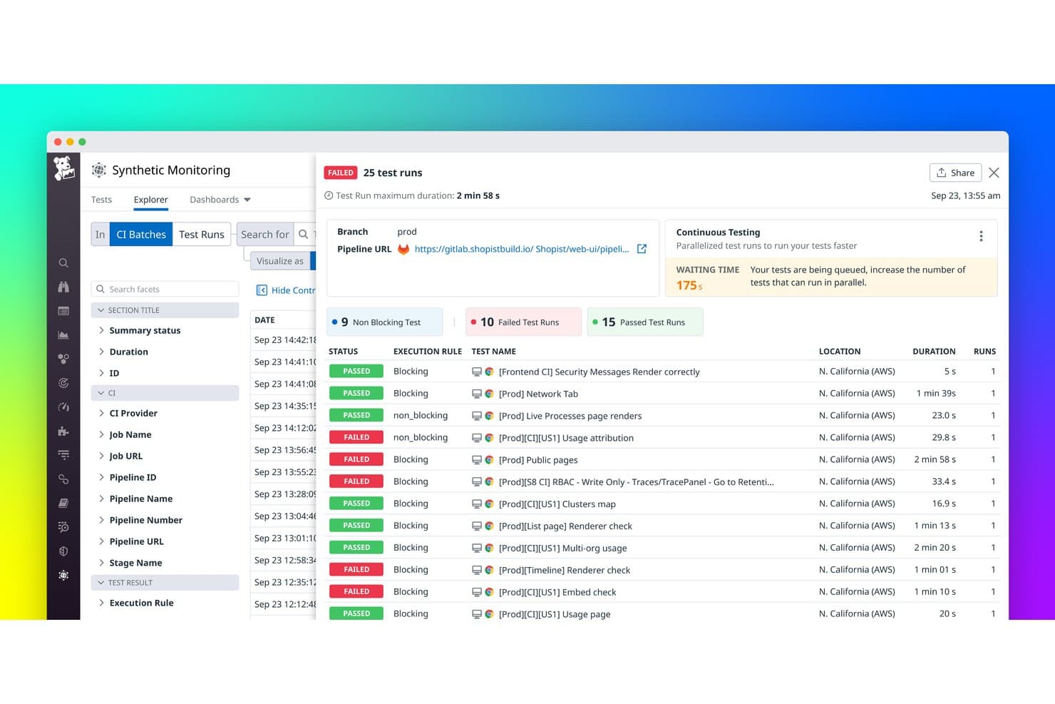Datadog Synthetic Monitoring showing 25 CI batch test runs with pass and fail statuses.