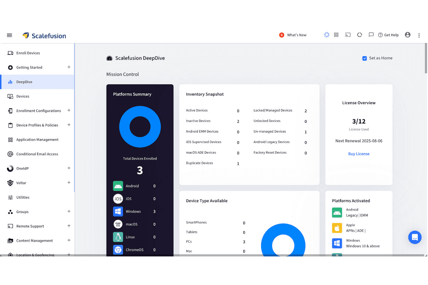 Scalefusion DeepDive dashboard showing device inventory, license overview, and platform summary.