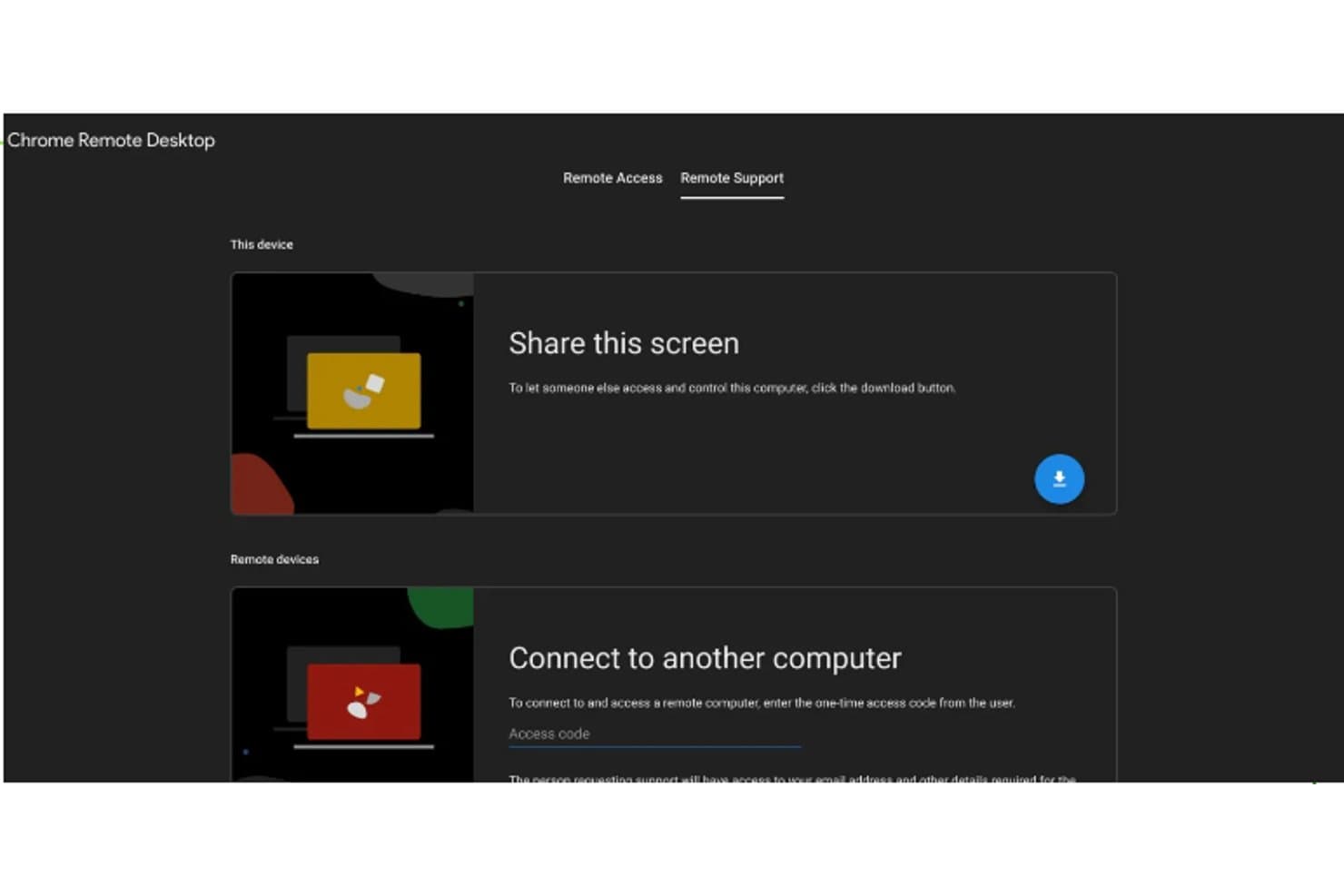Chrome-Remote-Desktop-Benutzeroberfläche mit den Optionen „Bildschirm freigeben“ und „Mit einem anderen Computer verbinden“.