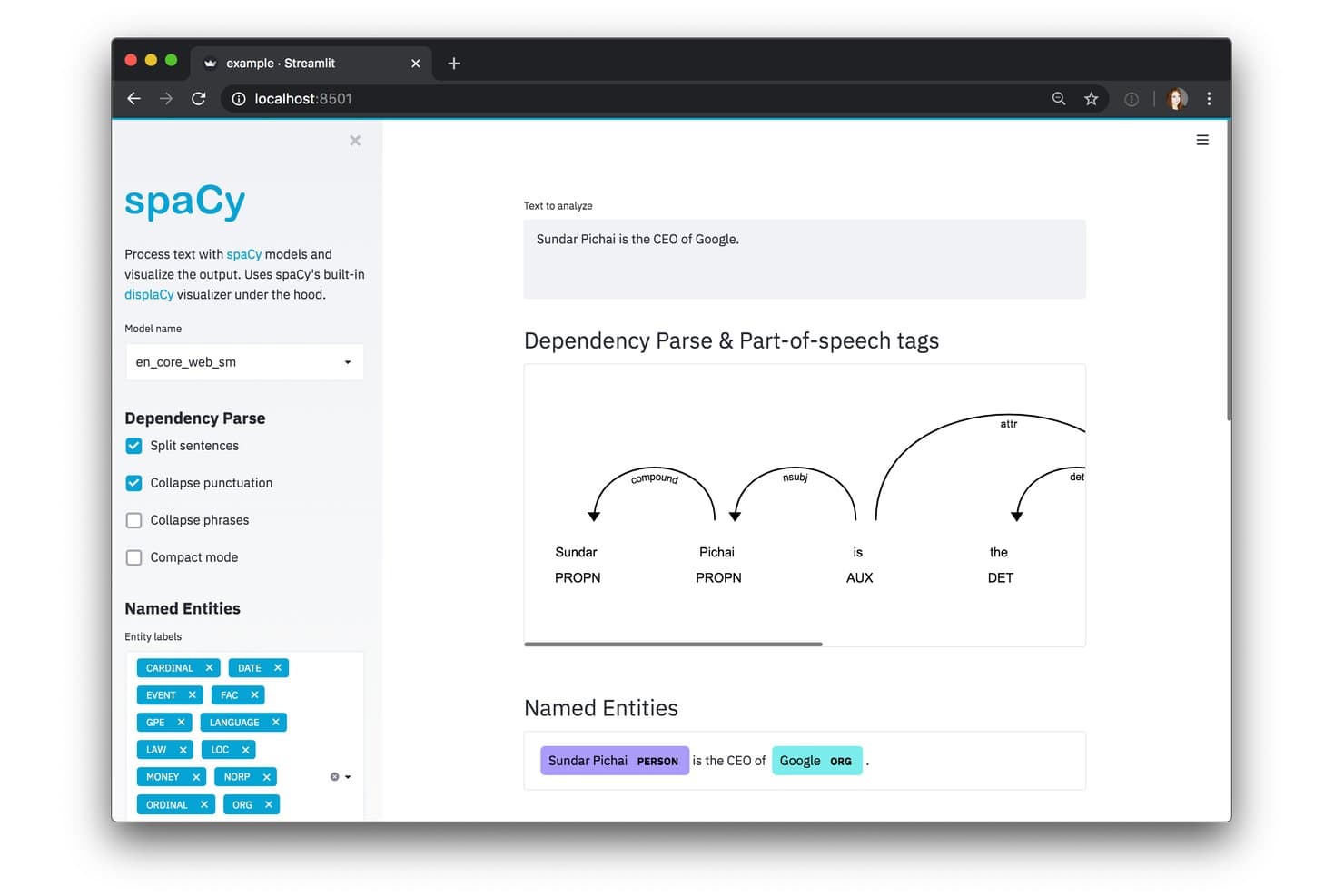 spaCy Streamlit -sovellus, joka näyttää riippuvuusanalyysin ja nimettyjen entiteettien tunnistuksen esimerkkilauseesta.