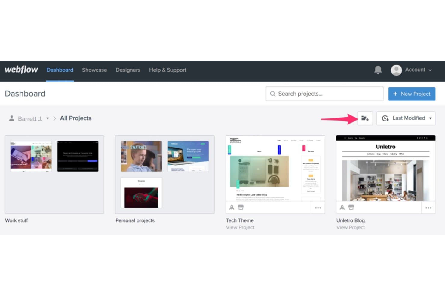 Webflow-hallintapaneeli, jossa näkyvät projektikansiot ja yksittäisten verkkosivustoprojektien pikkukuvat.