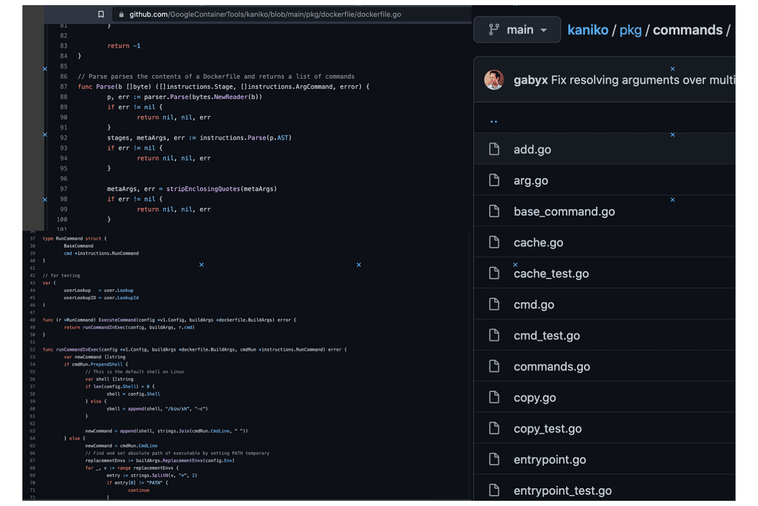 GitHub-arkiv som visar Kanikos Go-källkodsfiler och Dockerfile-tolk.