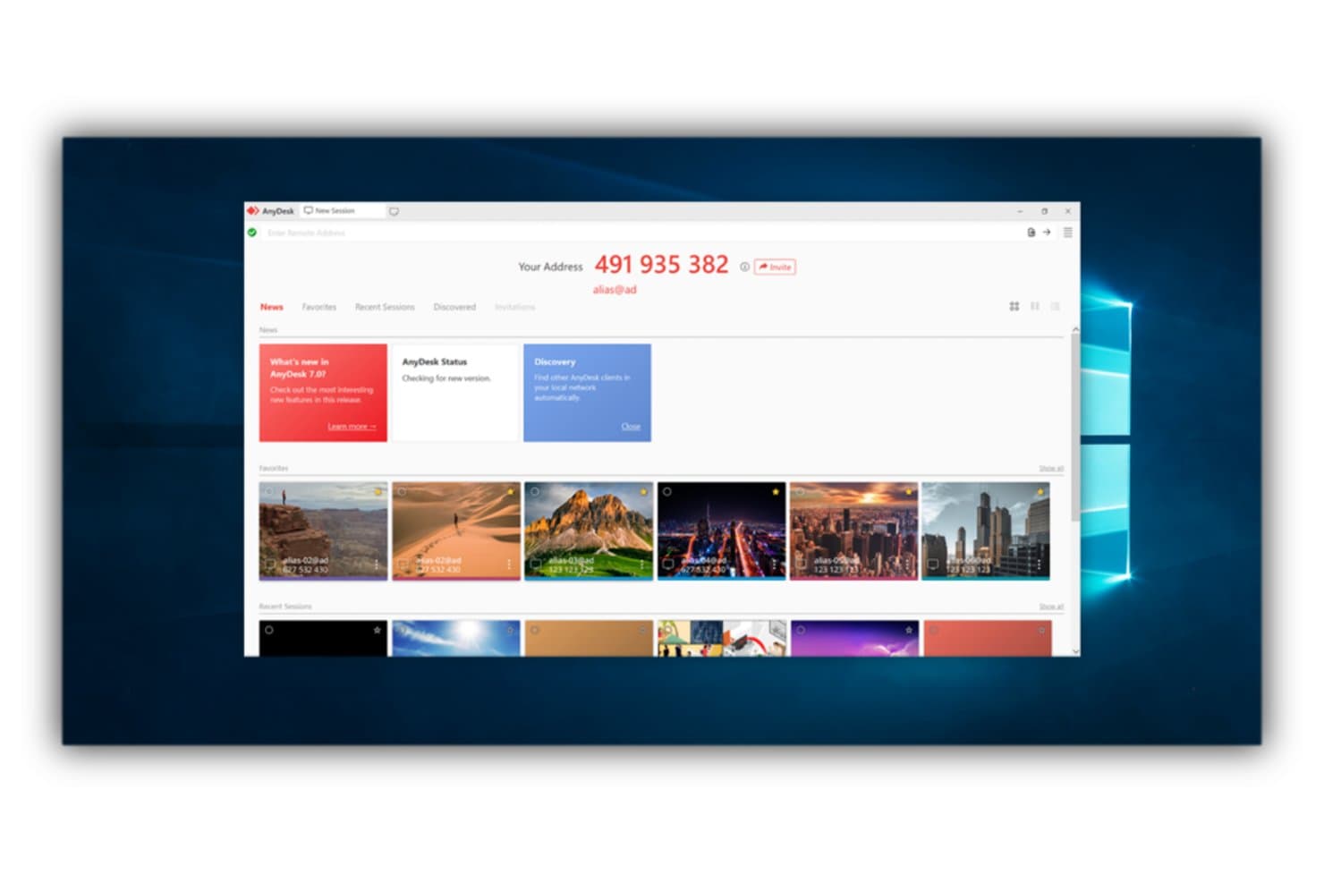 AnyDesk-Desktop-App mit Adresse, Favoriten und zuletzt verwendeten Fernsitzungen.