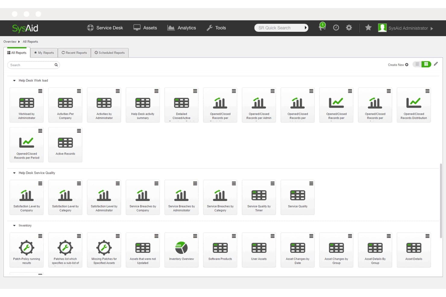 SysAid reports dashboard showing categorized report tiles for Help Desk and Inventory.