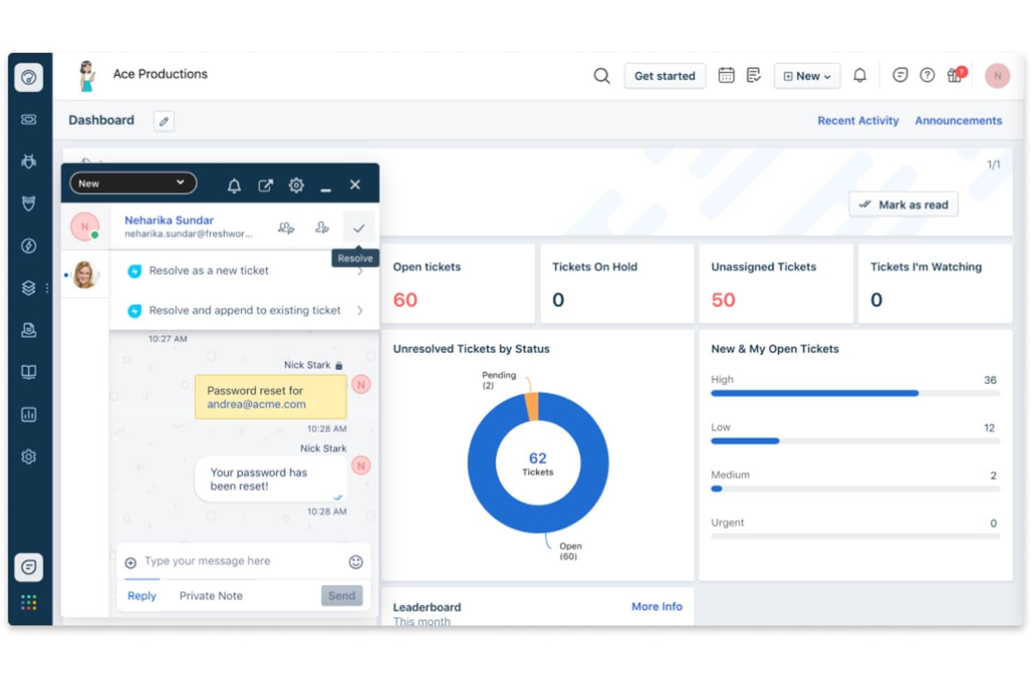 Freshservice dashboard showing open tickets, status chart, and live chat popup.