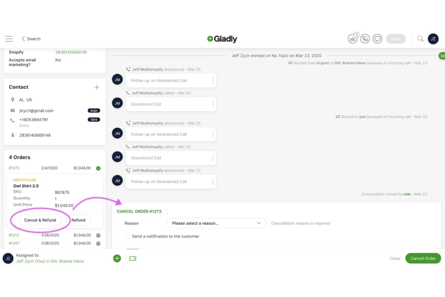 Gladlyn CRM, jossa näkyy tilauksen peruutuspaneeli syyn avattavalla valikolla ja hyvityspainikkeella.