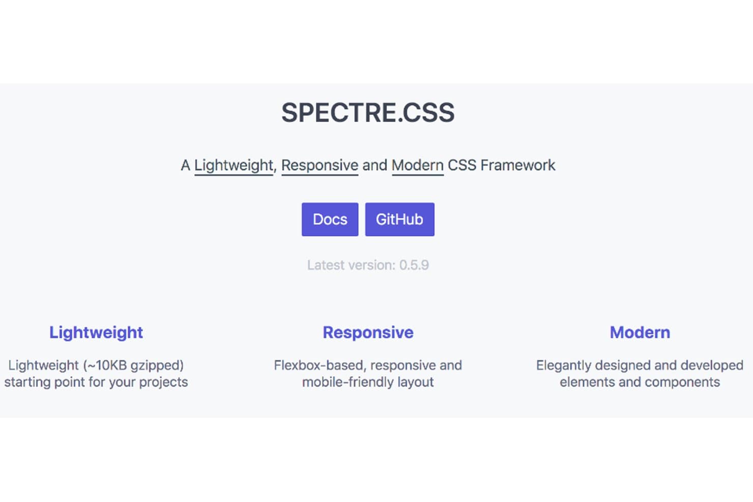 SPECTRE.CSS:n etusivu, jossa näkyvät dokumentaatio- ja GitHub-painikkeet sekä kolme lueteltua keskeistä ominaisuutta.
