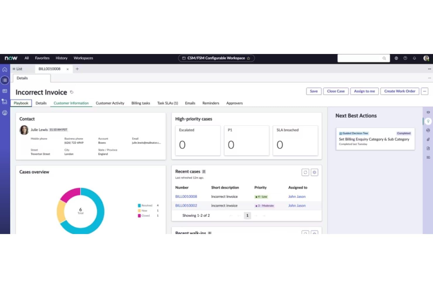 ServiceNow'n CSM-työtila, jossa näkyvät tapaustiedot, yhteystiedot ja laskutuksen yleiskatsaus.