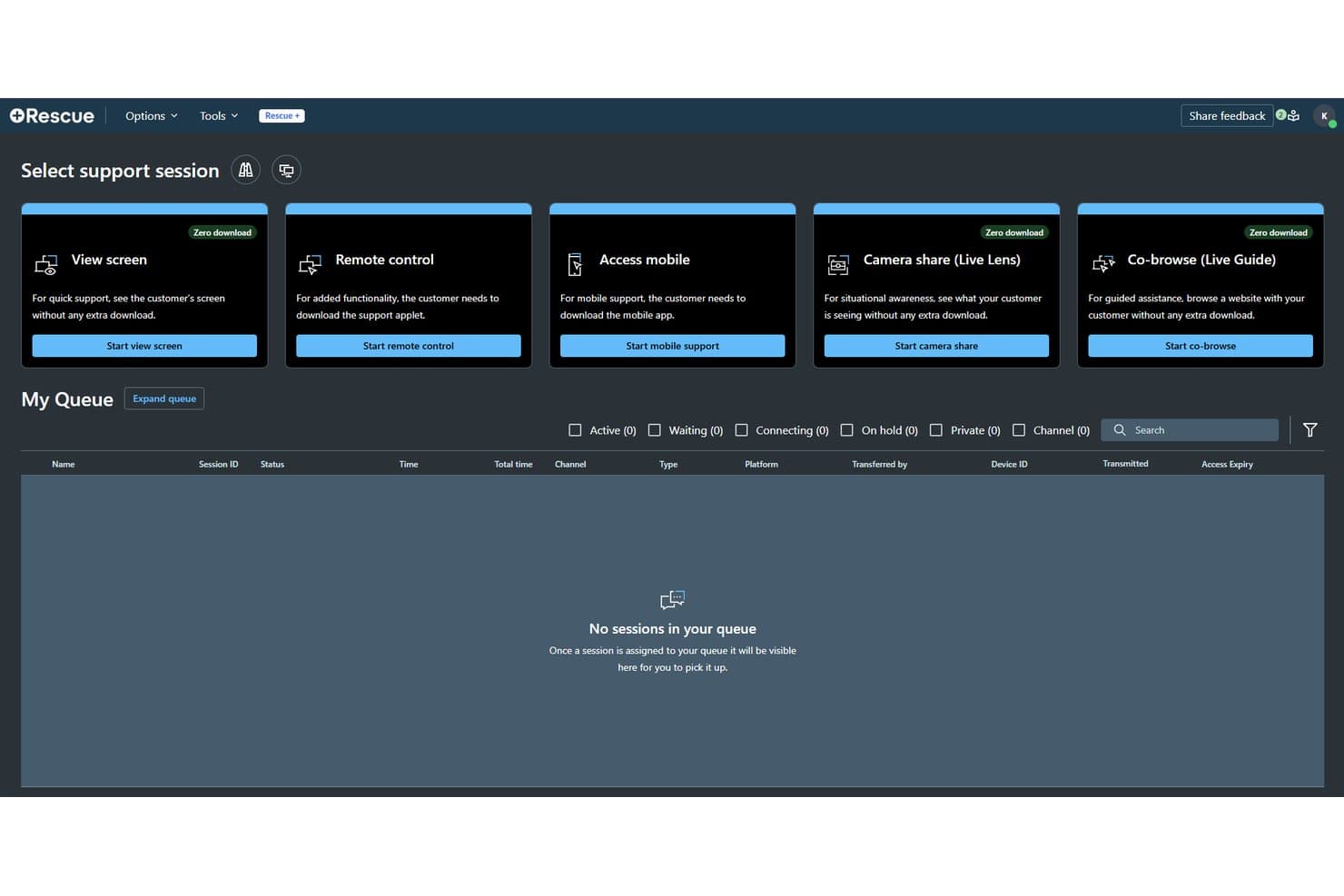 Die Technikerkonsole von LogMeIn Rescue zeigt Support-Sitzungsoptionen und eine leere Warteschlange.