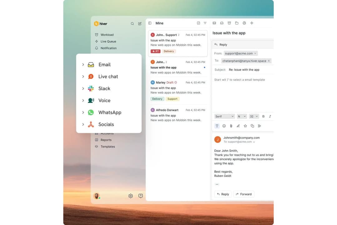 Hiver offers an omnichannel inbox that unifies Email, Live Chat, Slack, Voice, WhatsApp, and Socials into a single shared workspace for customer support teams.