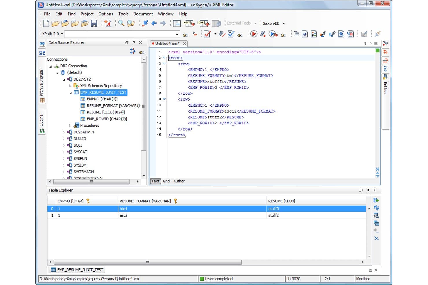 oXygen XML Editor näyttää IBM Db2 -tietokantayhteyden ja XML-kyselyjen tulokset.