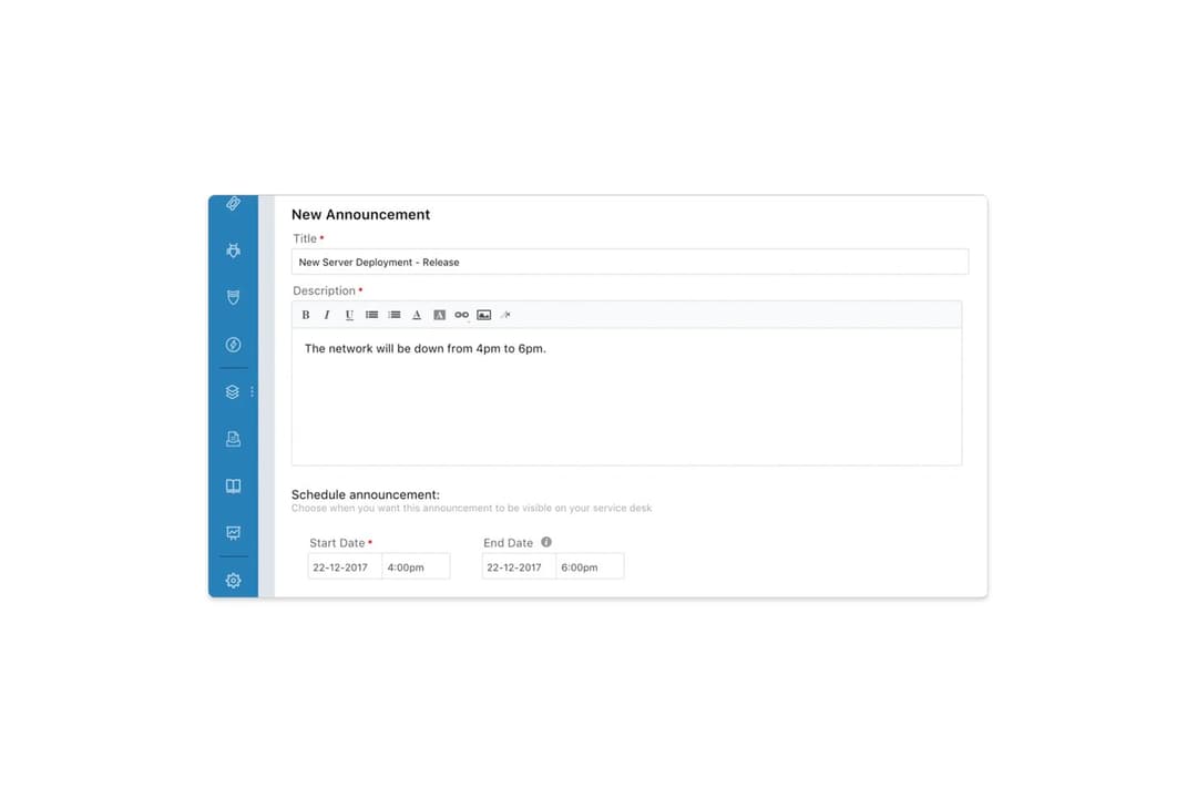 Freshservice lets users schedule release announcements with custom dates and times.