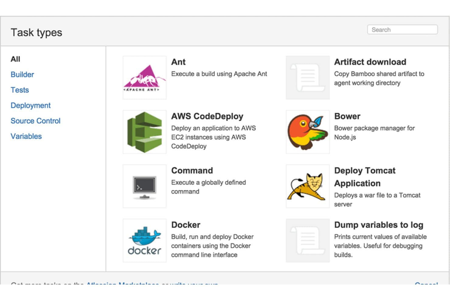 Bamboon tehtävätyyppipaneeli, jossa näkyvät Ant, AWS CodeDeploy, Docker, Command ja muita vaihtoehtoja.