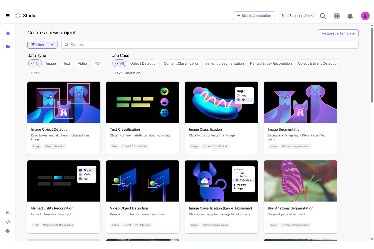 Interfaccia di Scale AI Studio che mostra i modelli di progetto per attività di annotazione di immagini e video.