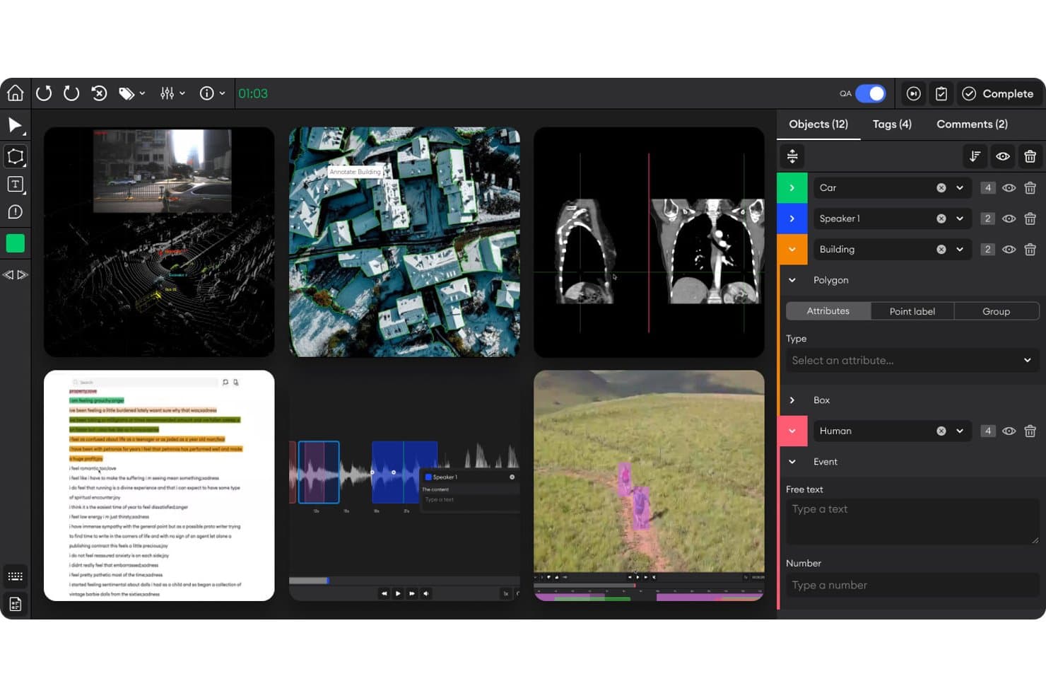 Interface van de SuperAnnotate-annotatietool met gelabelde objecten in beeld-, audio- en videodatasets.