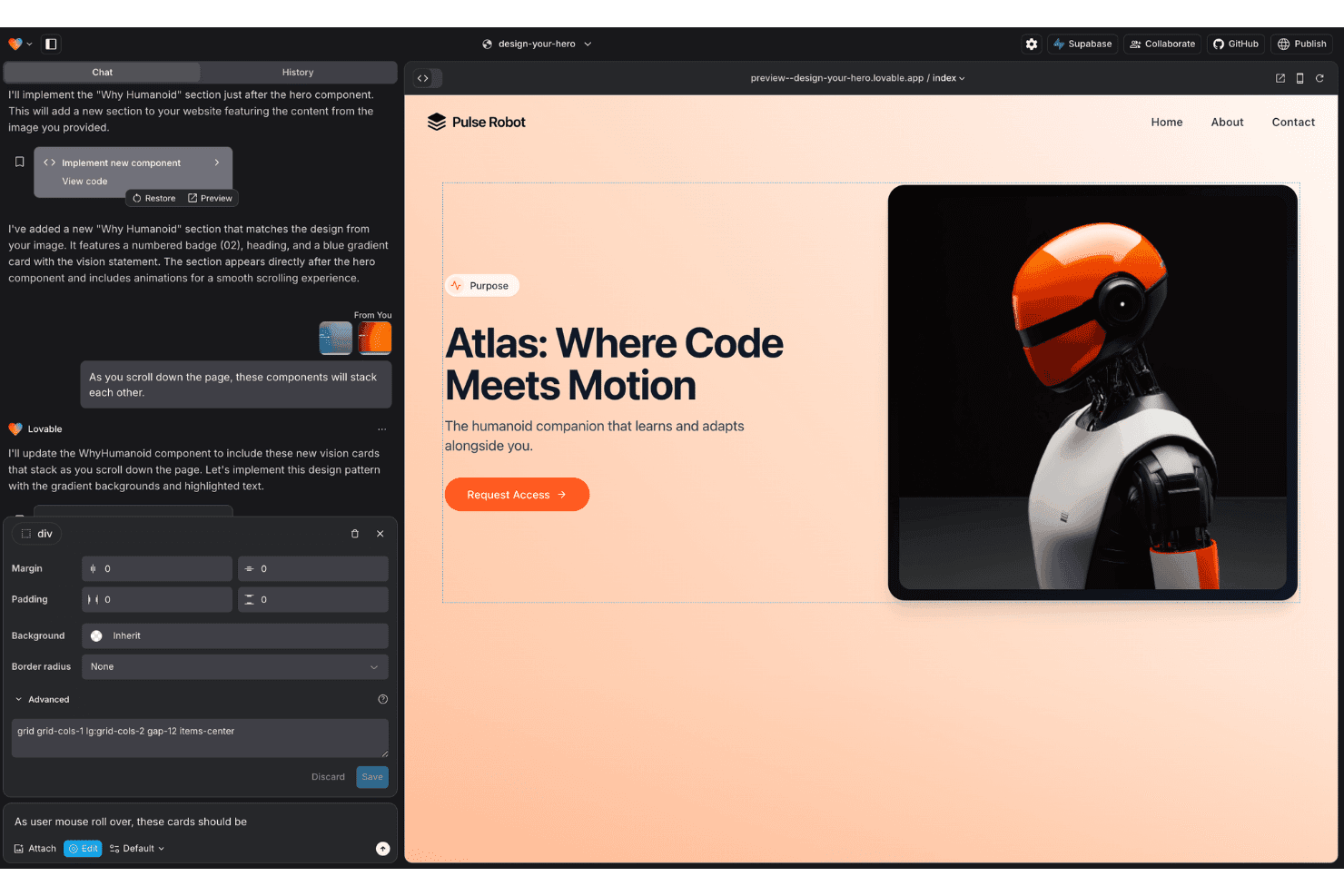 Lovable AI interface showing chat panel, component editor, and robot hero section preview.