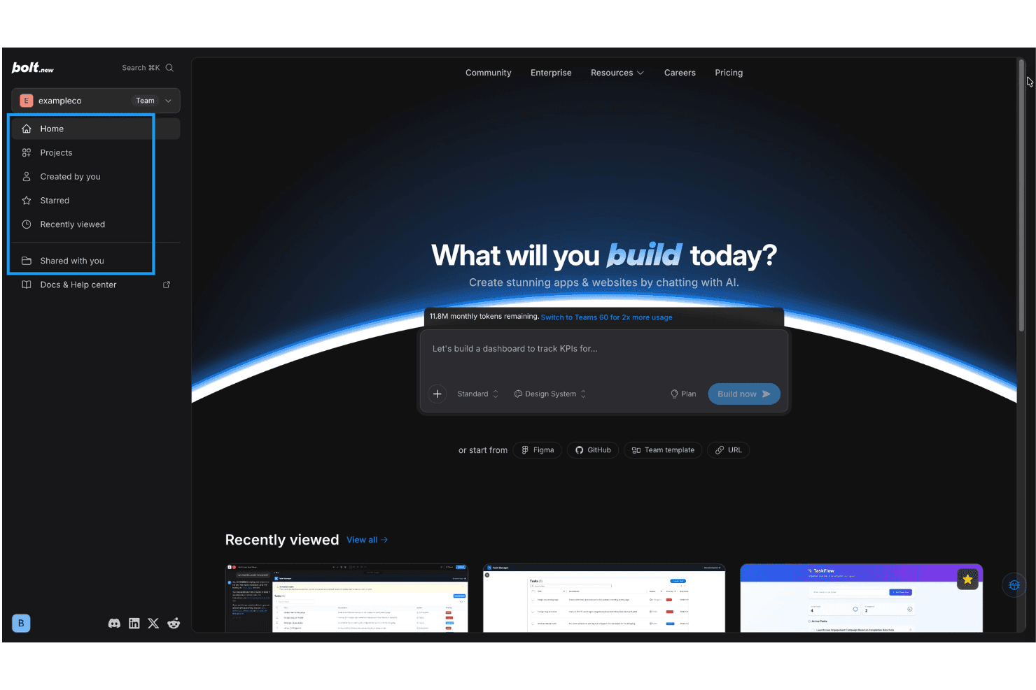 Bolt.new dashboard showing AI build prompt, navigation sidebar, and recent projects.