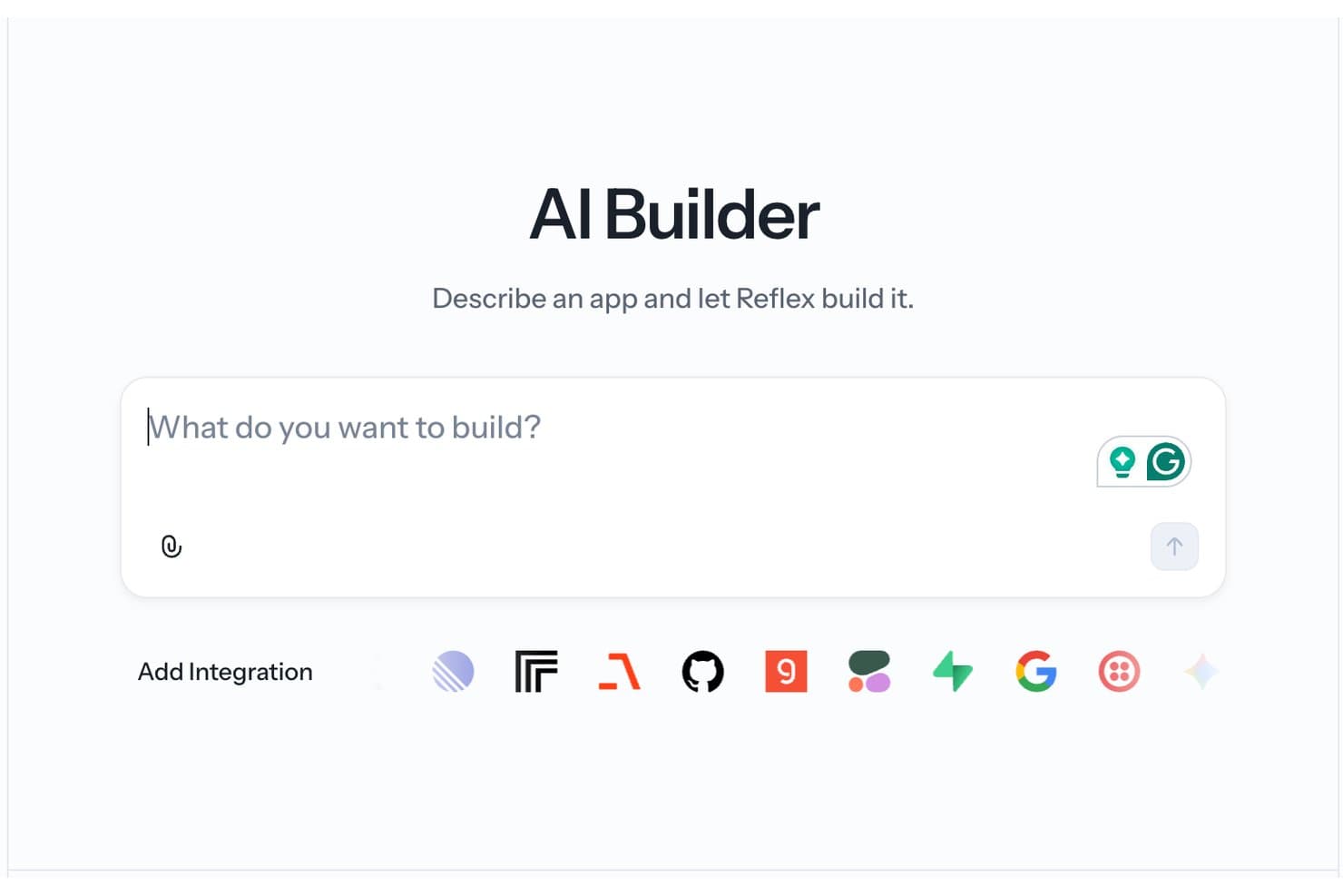 Reflex AI Builder interface with a text input field and integration icons below.