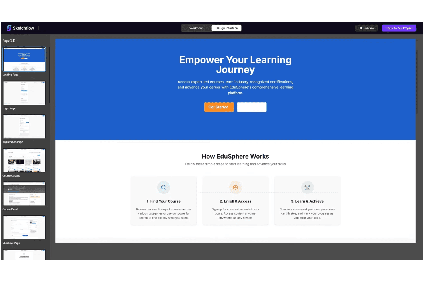 Sketchflow-ontwerpfunctie met prototype van de EduSphere-landingspagina en paginapaneel