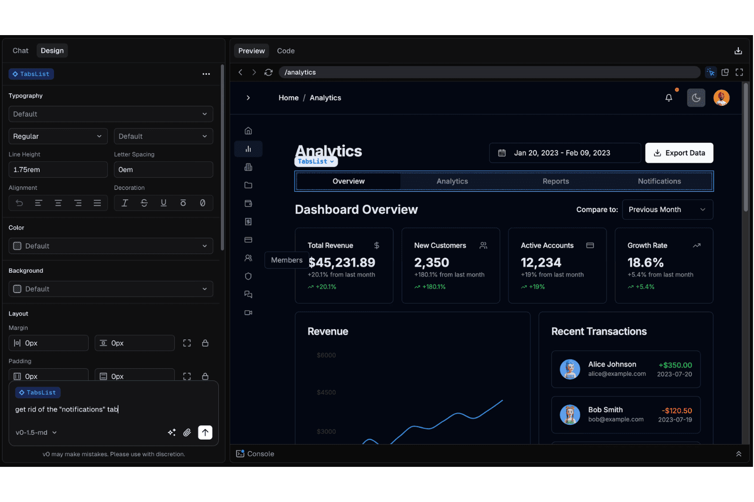 Ontwerptool van v0 met een voorbeeld van een analysedashboard en een chatprompt om het meldingentabblad te verwijderen.
