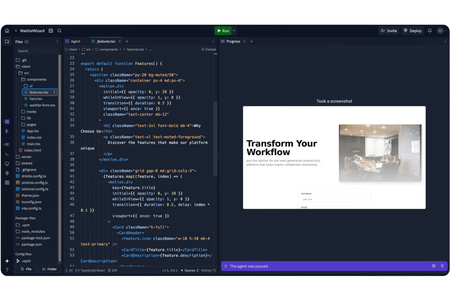 Replit-IDE met de code-editor voor features.tsx en rechts een paneel met een live voorbeeld van de app.