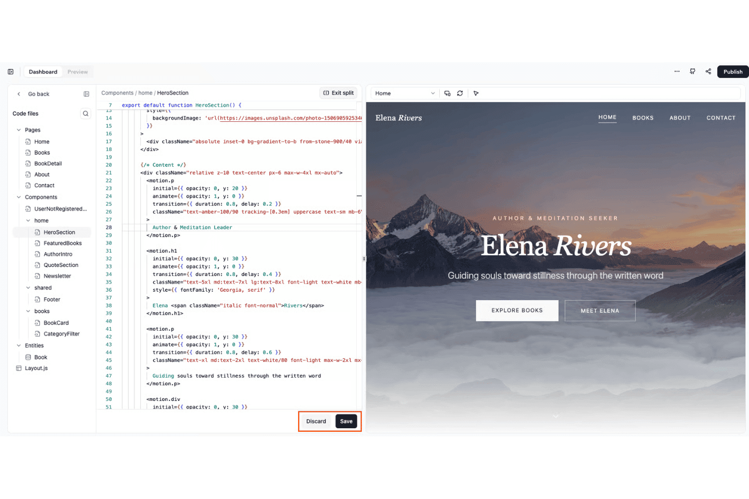 Gesplitste Base44-interface met een React-codebewerkingsvenster en live voorbeeld van een website met een uitgelichte sectie.