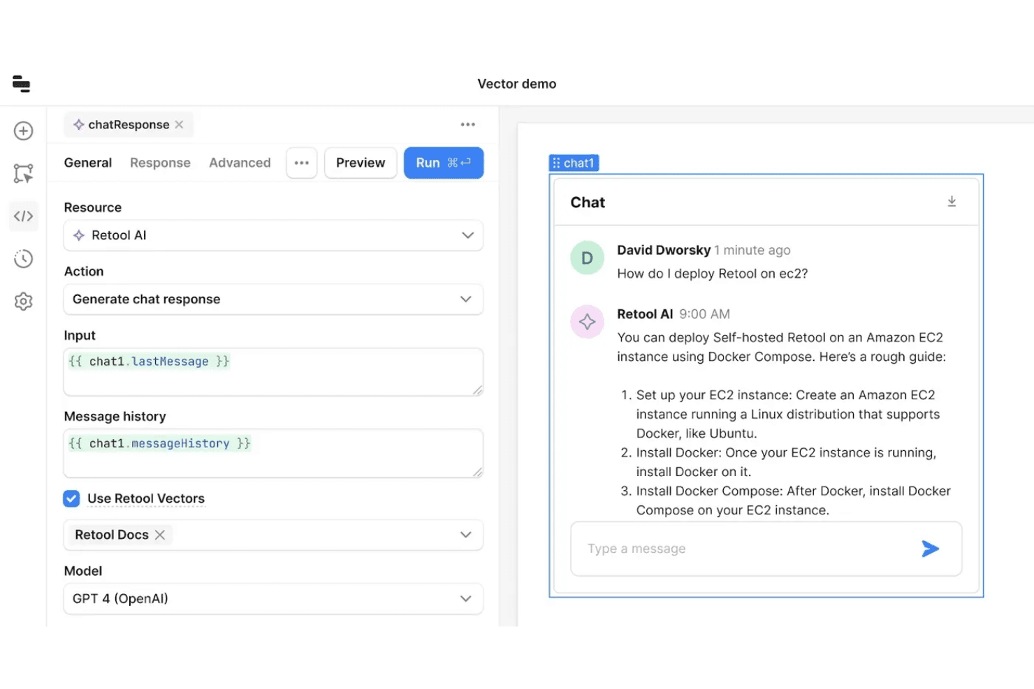 Retool-appbouwer met een AI-chatvraag over implementatie op EC2 met Docker-stappen.