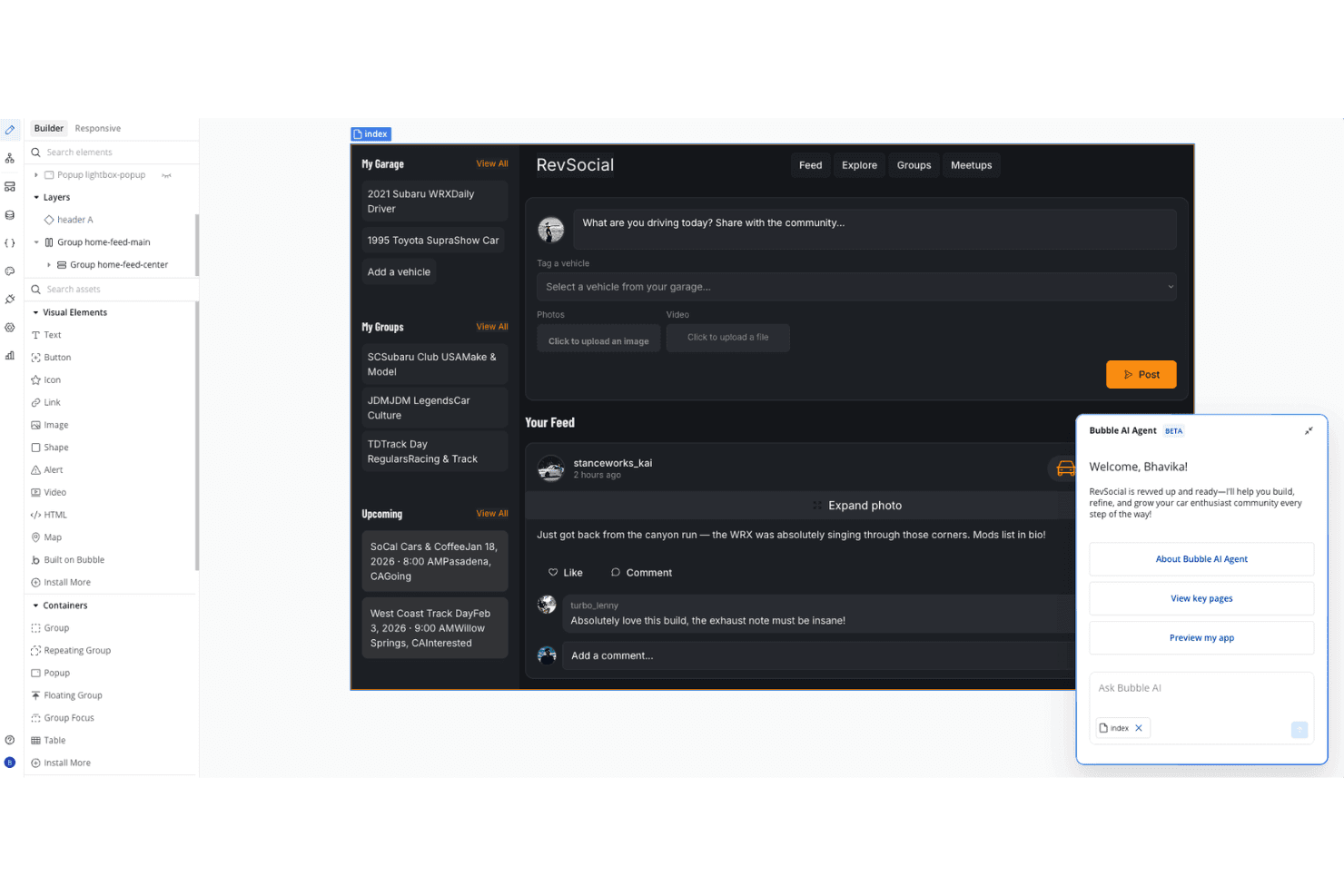 Bubble no-codebouwer met de RevSocial-communityapp voor autoliefhebbers, met een feed en AI-assistentvenster.