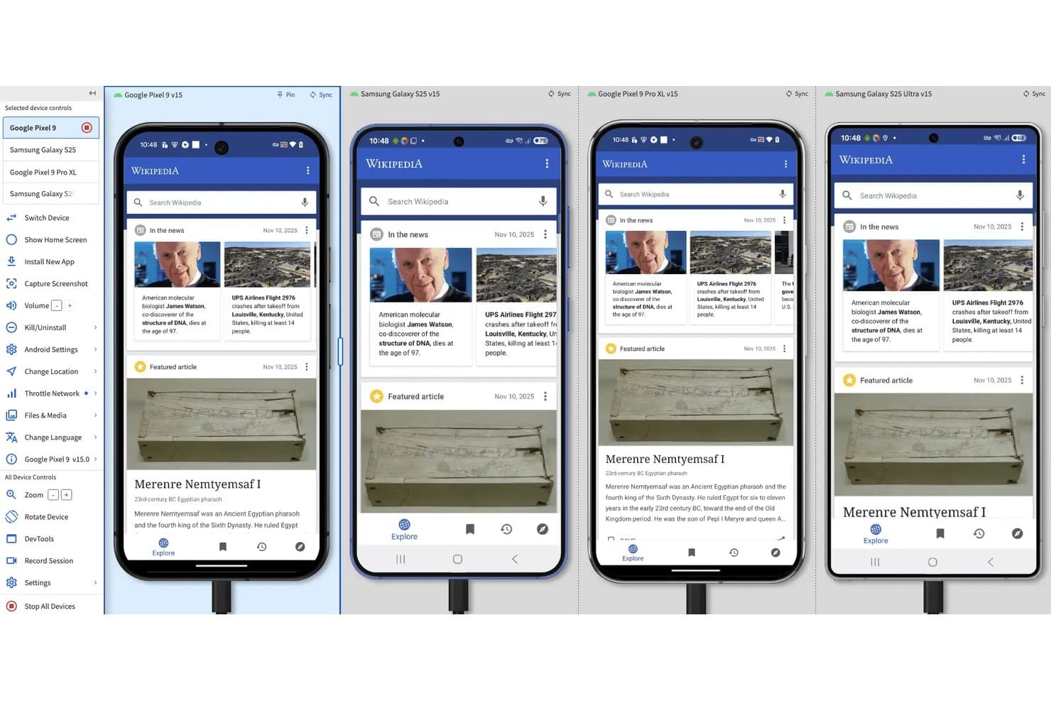 BrowserStackin rinnakkaistestaus, jossa Wikipedia-sovellus näkyy vierekkäin neljällä Android-laitteella.