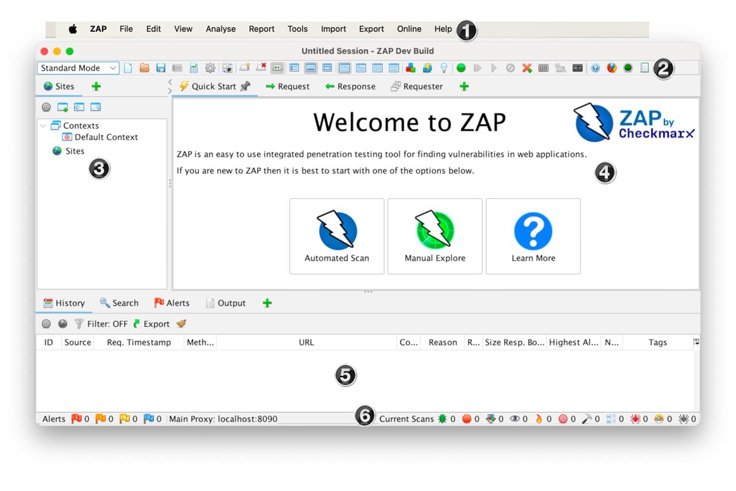 OWASP ZAP welcome screen showing Automated Scan, Manual Explore, and Learn More buttons.