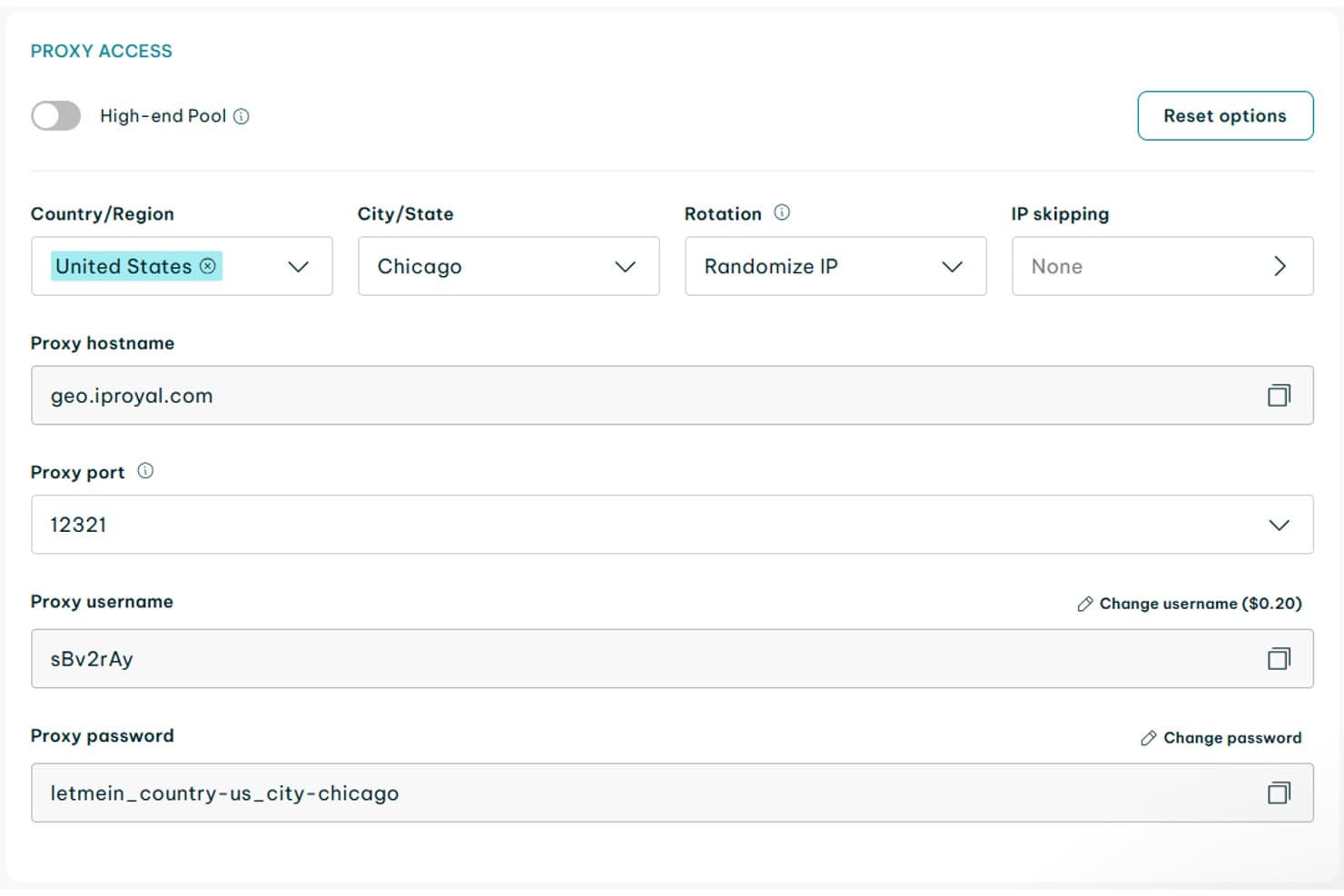 IPRoyal proxy access settings panel showing US Chicago residential proxy configuration form.
