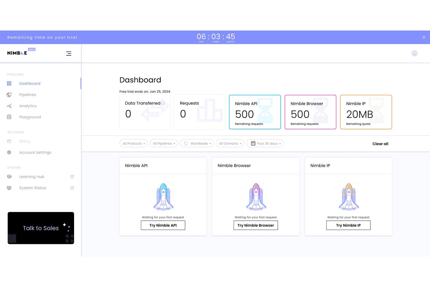 Nimbleway-dashboard met informatie over de proefversie, verzoekquota en drie kaarten om producten te starten.