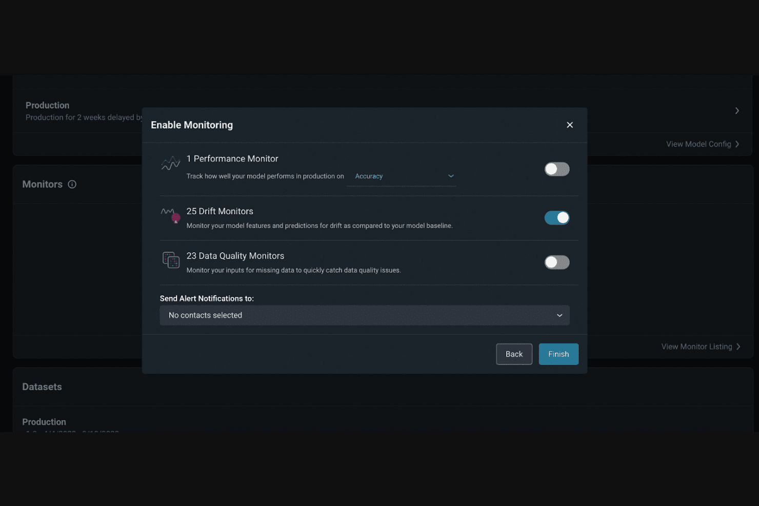 Enable Monitoring dialog with toggles for Performance, Drift, and Data Quality monitors.