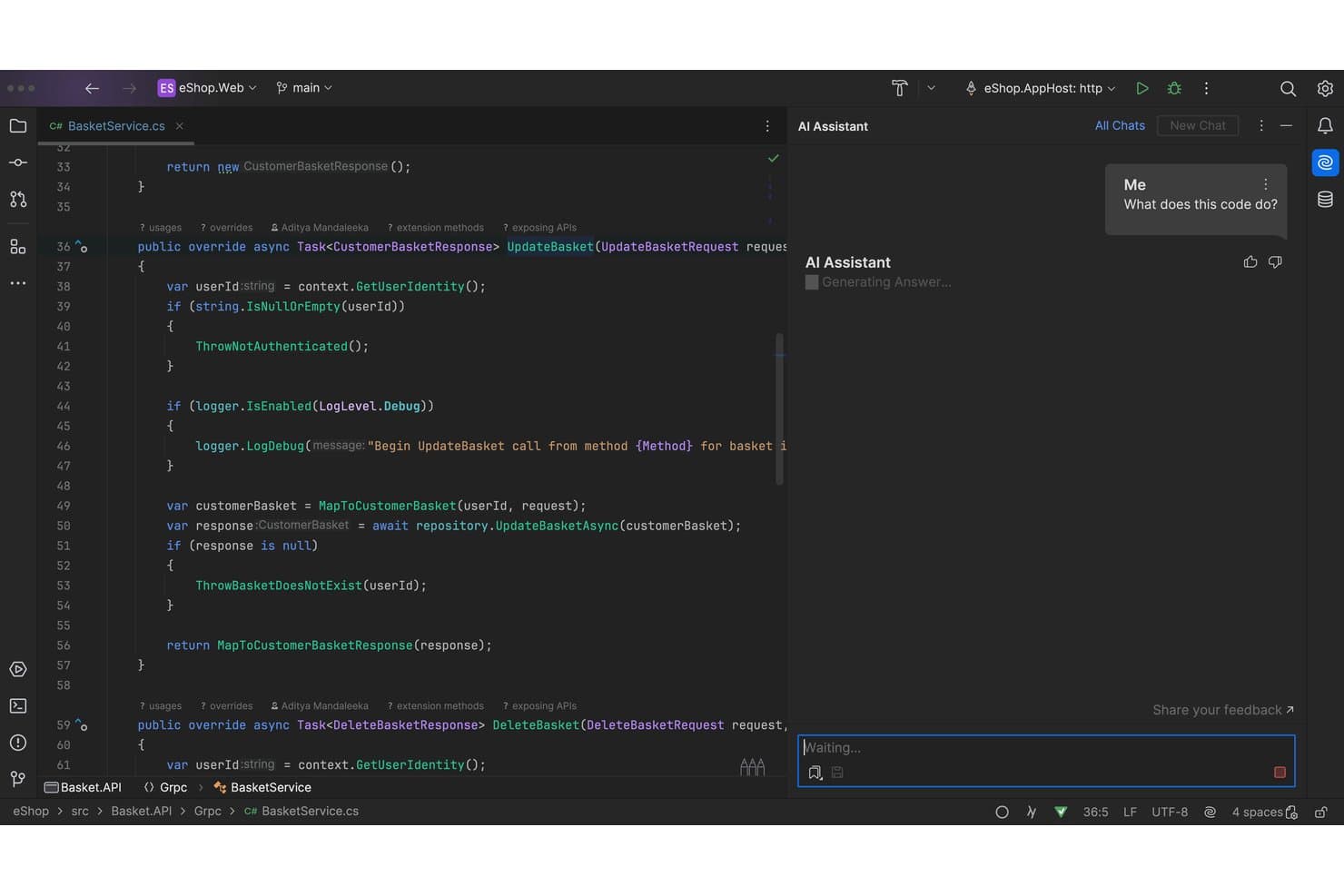 JetBrains AI Assistant panel answering 'What does this code do?' beside C# basket service code.