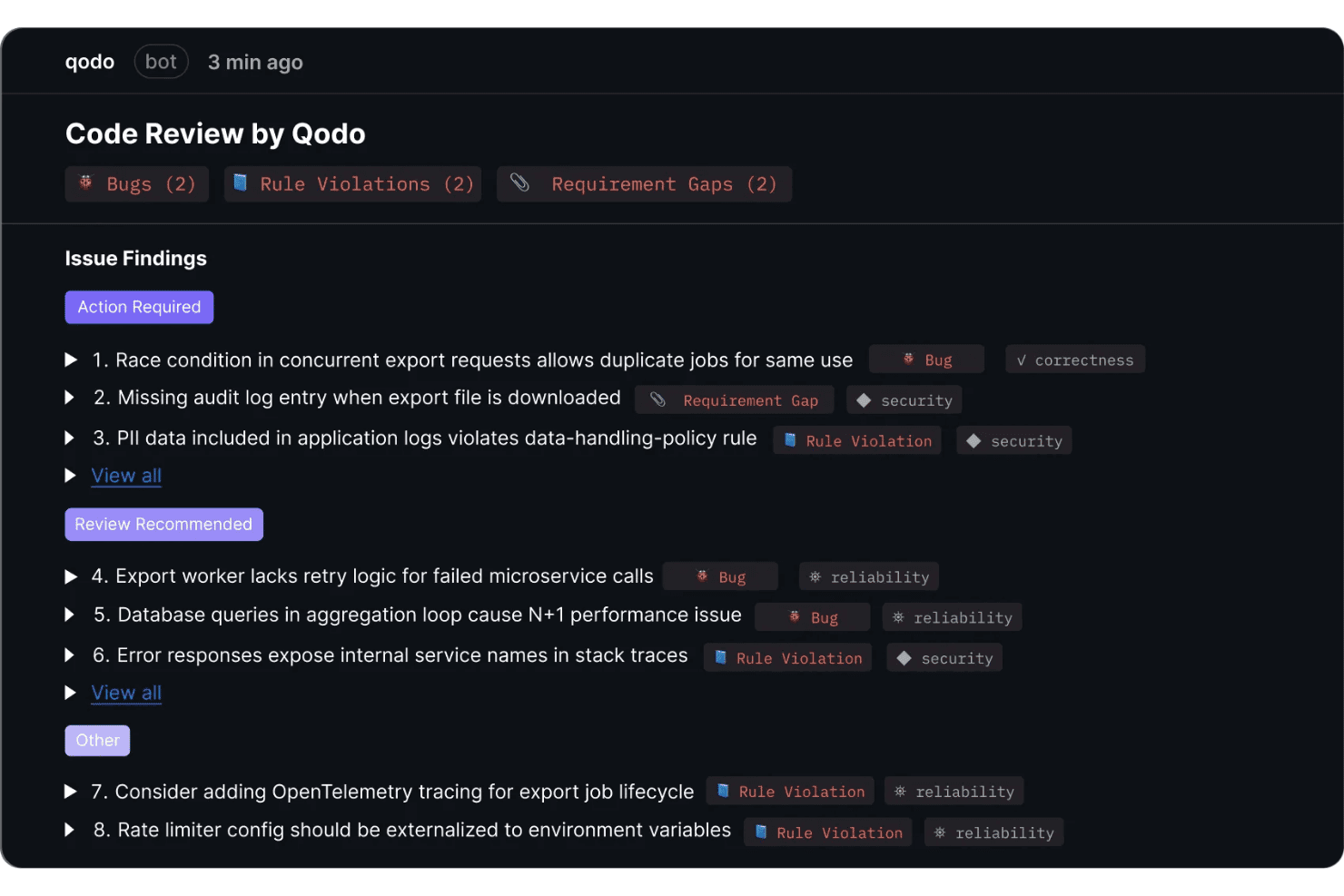 Qodo bot code review with 8 issues categorized as bugs, rule violations, and requirement gaps.