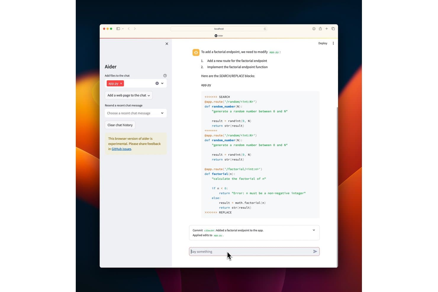 Aiderin selainkäyttöliittymä, jossa tekoälyn luomat SEARCH/REPLACE-koodilohkot lisäävät factorial-päätepisteen app.py-tiedostoon