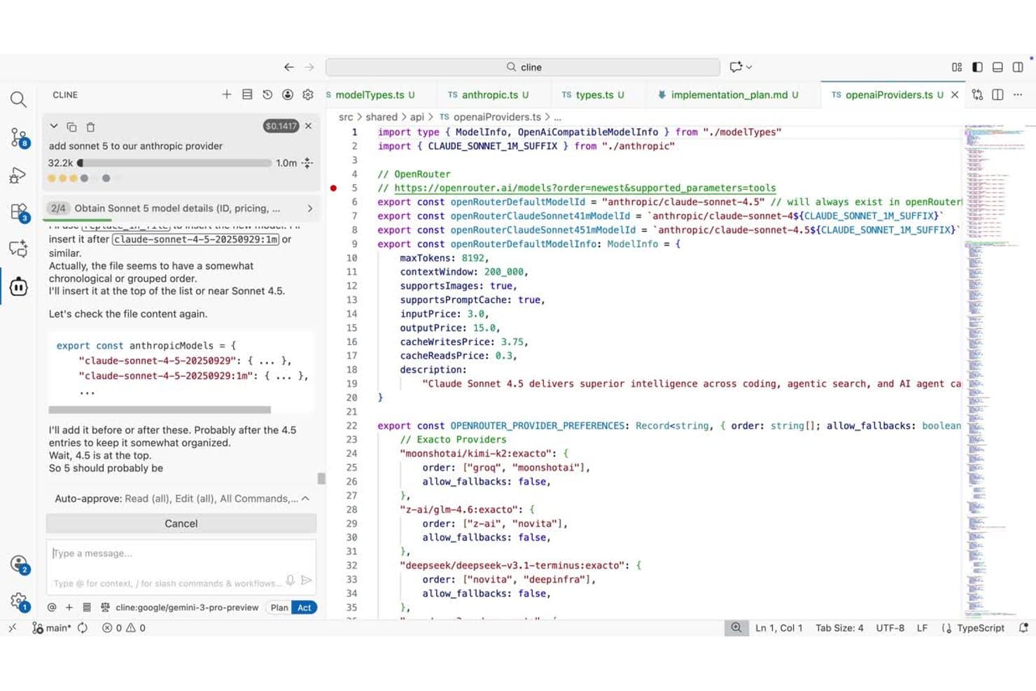 Clines AI-kodeassistent i VS Code redigerer TypeScript-filer med et chatpanel, der viser opgavestatus