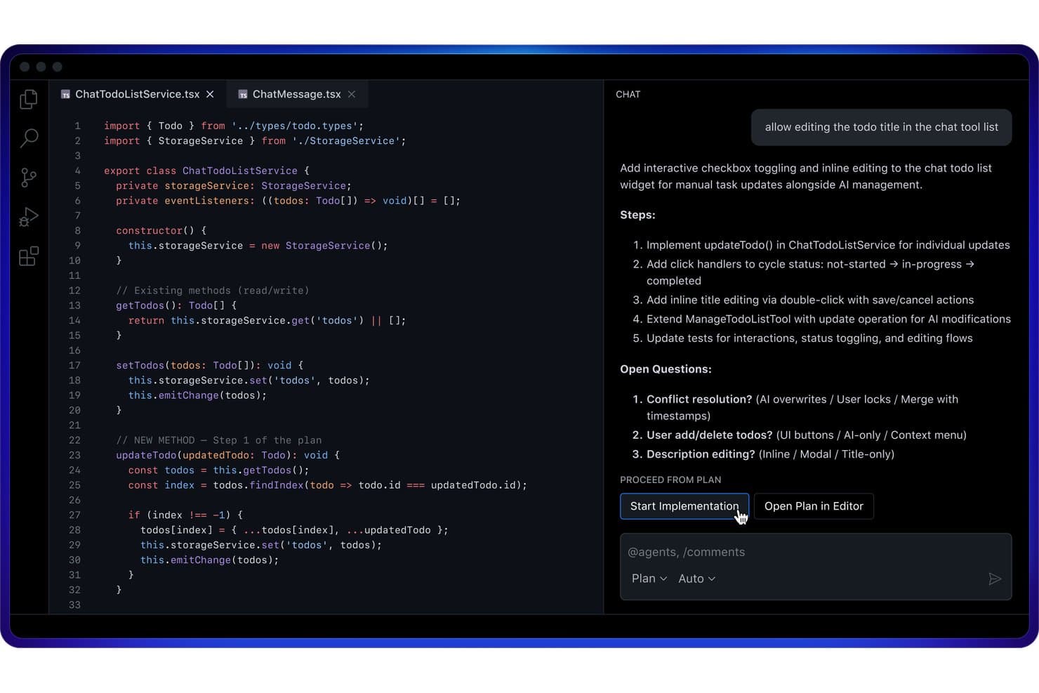 GitHub Copilot chat panel in VS Code featuring a plan with implementation steps and Start Implementation button.