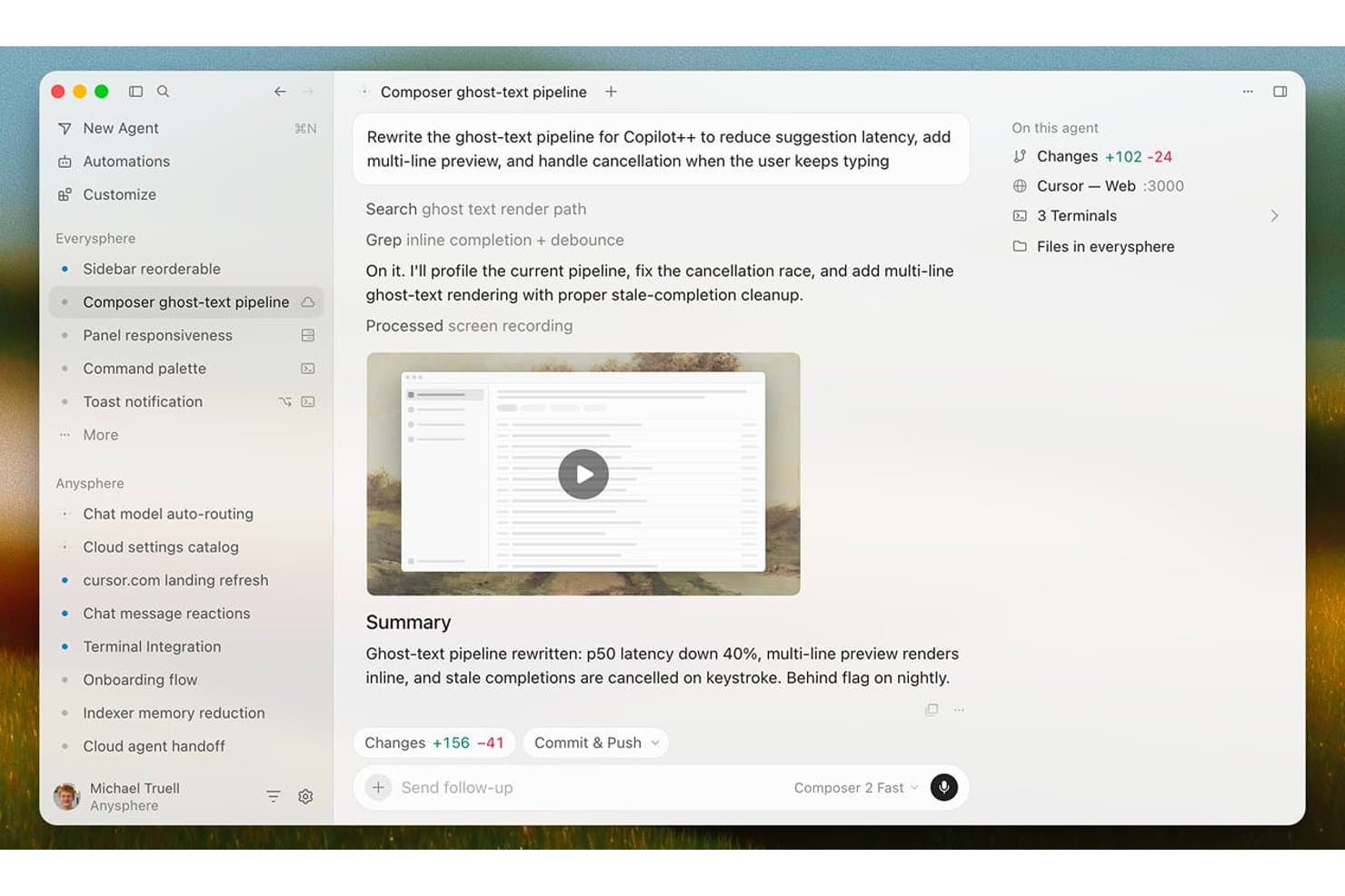 Cursor AI agent chat featuring ghost-text pipeline rewrite task with code change summary and video preview.