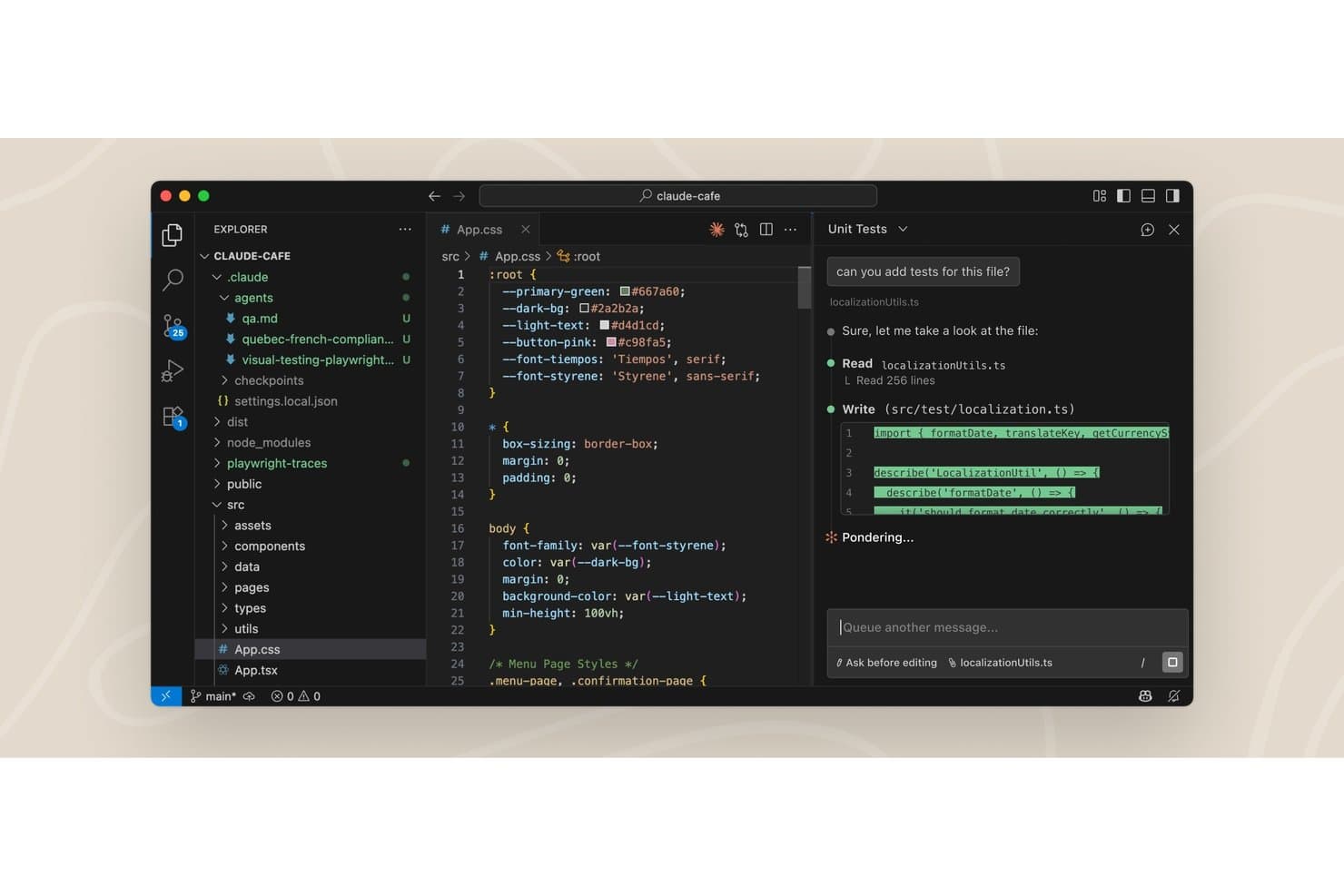 Claude Code VS Code extension showing AI panel writing unit tests alongside CSS file editor