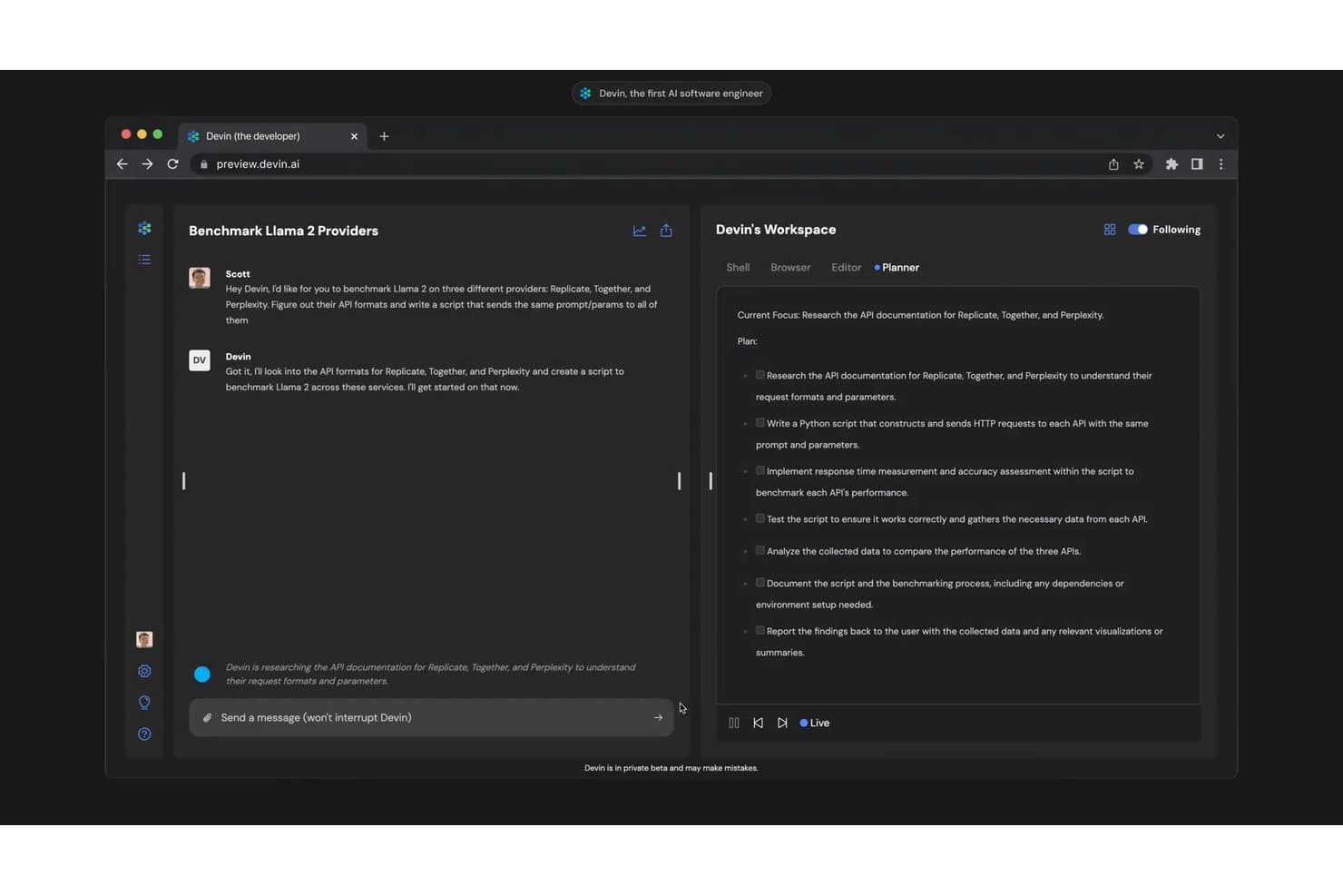Devin AI workspace showing a planner with steps to benchmark Llama 2 providers via API.