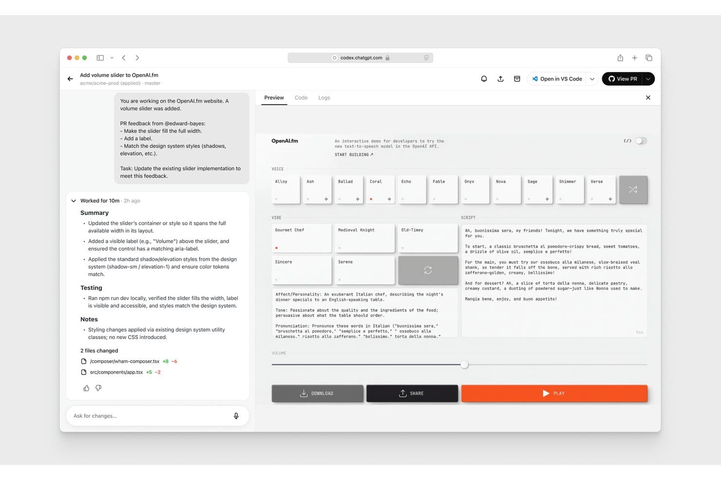OpenAI Codex -käyttöliittymä, jossa näkyy PR-tehtäväpaneeli koodimuutoksineen sekä reaaliaikainen OpenAI.fm-esikatselu äänenvoimakkuuden liukusäätimellä.