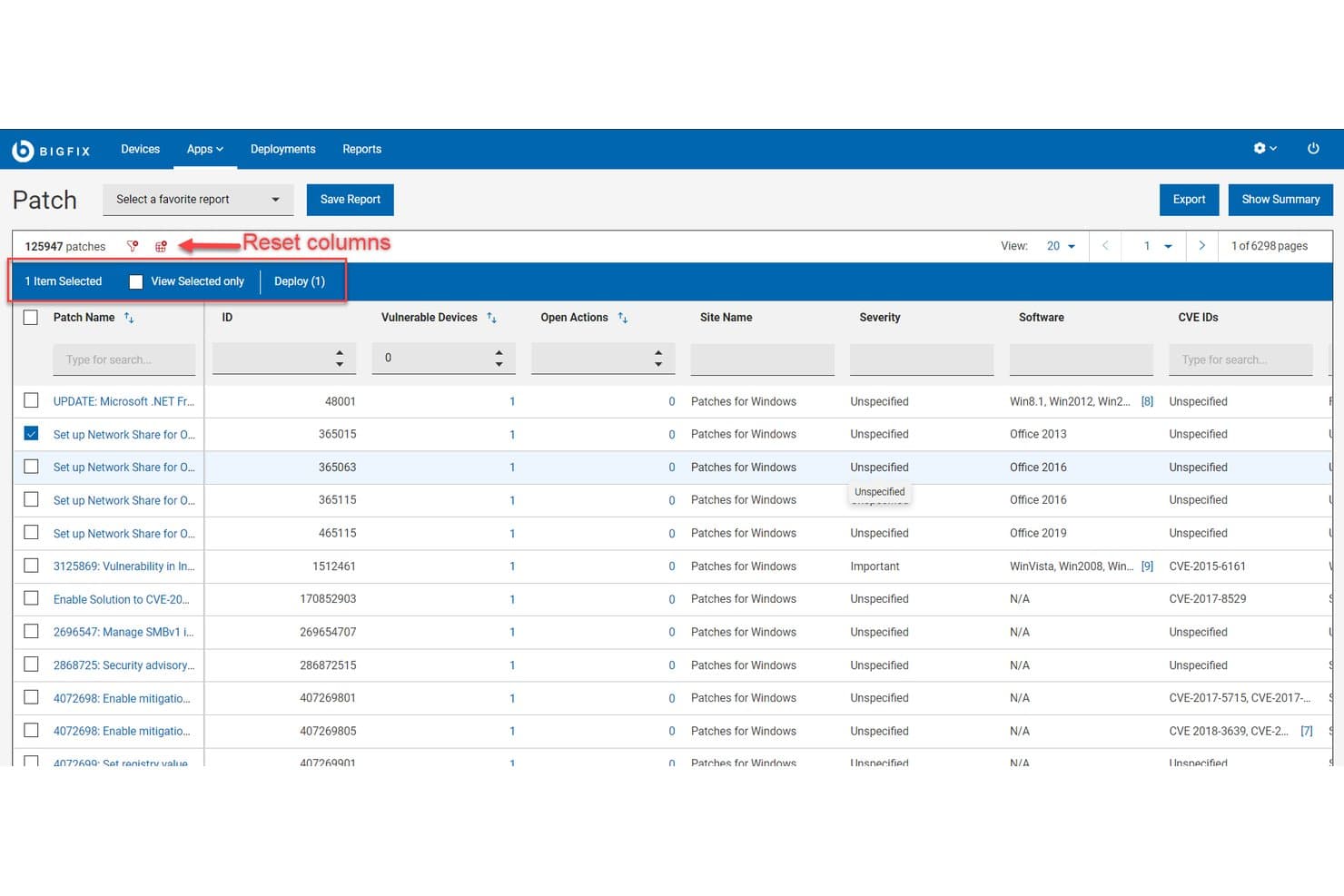 HCL BigFix patch list showing 125,947 patches with CVE IDs, severity, and deploy option.