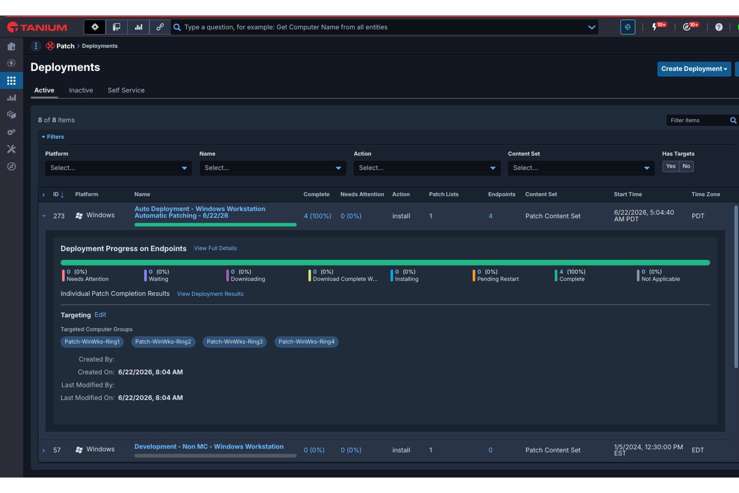 Tanium Patch Deployments screen showing active Windows deployment with 4 endpoints at 100% completion.