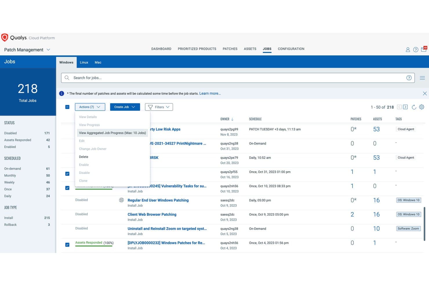 Qualys Patch Managements jobdashboard viser 218 job med menuen til valg af handlinger udvidet.