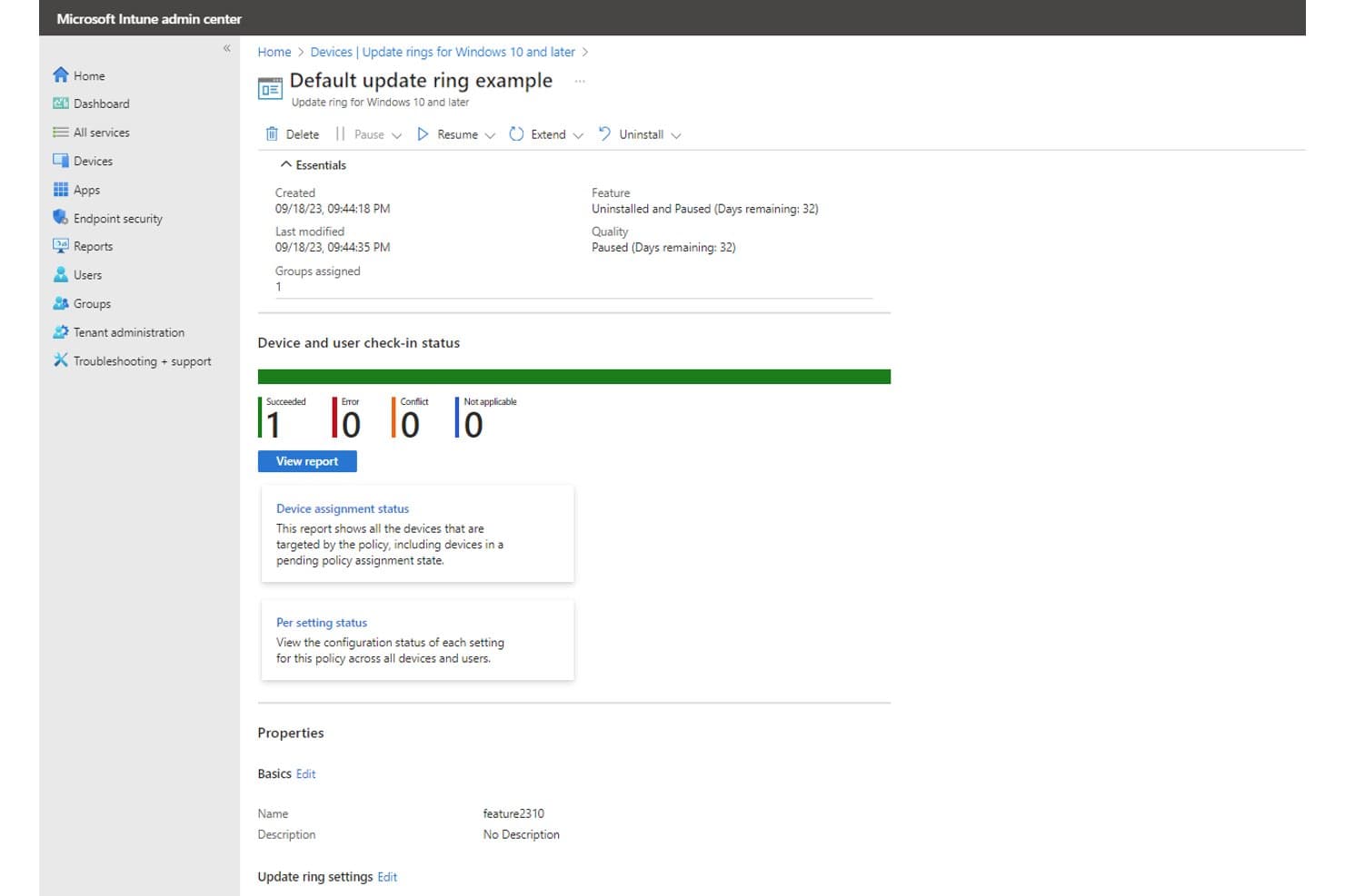 Microsoft Intune admin center showing a Windows 10 update ring policy with device check-in status and essentials panel.