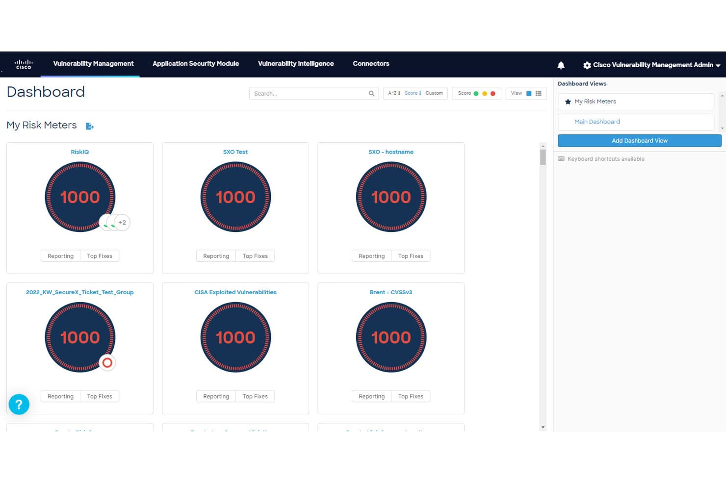 Cisco Vulnerability Management dashboard showing six risk meters all scored 1000 in red.