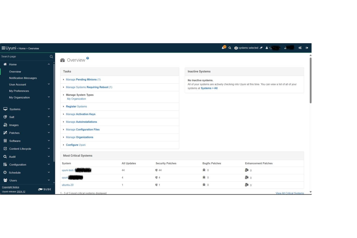 Dashboard Panoramica di Uyuni che mostra le attività di gestione delle patch, i sistemi critici e il numero di patch di sicurezza.