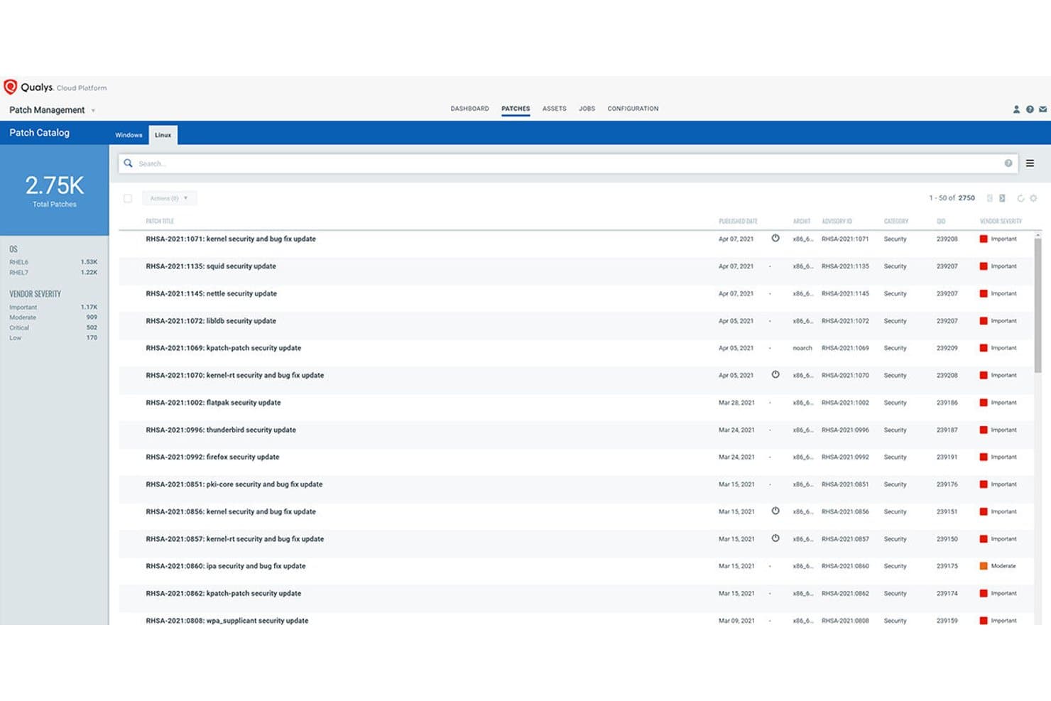 Elenco del catalogo di patch Linux di Qualys Patch Management con 2.750 patch e dettagli sulla gravità e sugli avvisi.